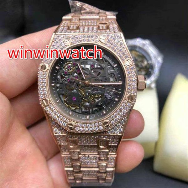 

full iced out men watch stainless steel rose gold and silver case watch glass back full diamond wristwatch sapphire crystal automa251w, Slivery;brown