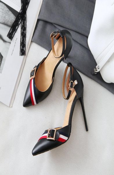 

new designer striped belt single buckle pointed toe women pumps 100mm fashion high heels shoes for women dress shoes large si2693389, Black