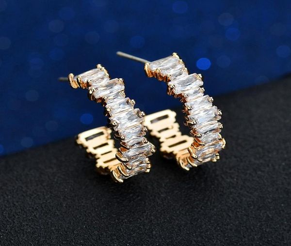 

1111 clear baguette cubic zirconia cz hoop earring gold filled classic gorgeous european women fashion elegance huggie jewelry8165049, Golden;silver
