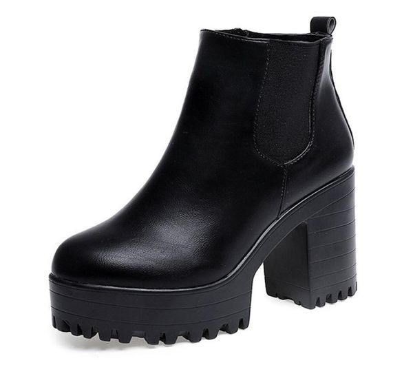 

block heel winter boots women chunky platform shoes women ankle boots high heels platform heels boots leather woman shoes bota pla7581439, Black