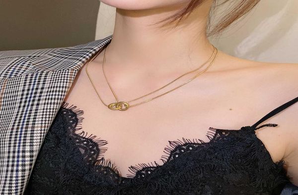 

titanium steel simple double ring ins niche design clavicle temperament new light luxury net red neck chain versatile necklace fem2869935, Silver