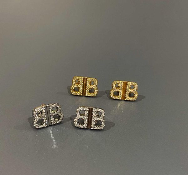 

english letter b full diamond white stone exquisite small earrings luxurious fashionable fine geometric metal earrings9849044, Silver