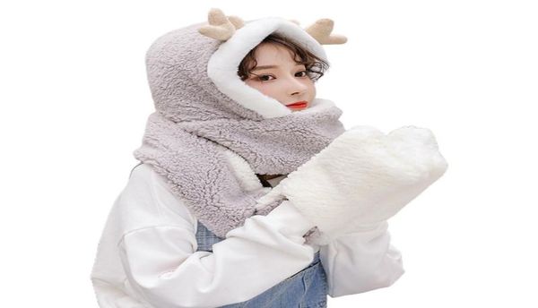 

beanieskull caps women winter warm reindeer antler 3 in 1 plush hoodie hat with long scarf gloves d08e6477513, Blue;gray