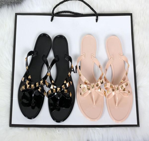 

2018 fashion woman summer sandals rivets big bowknot flip flops beach sandalias femininas flat with 1276520, Black