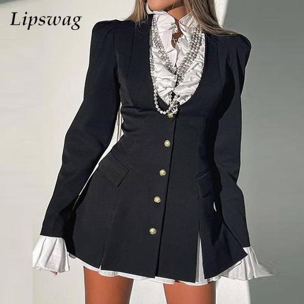 

basic casual dresses elegant long sleeve mini dress autumn contrast color a-line blazer dress fake two piece set fashion lady shirt uniform, Black;gray