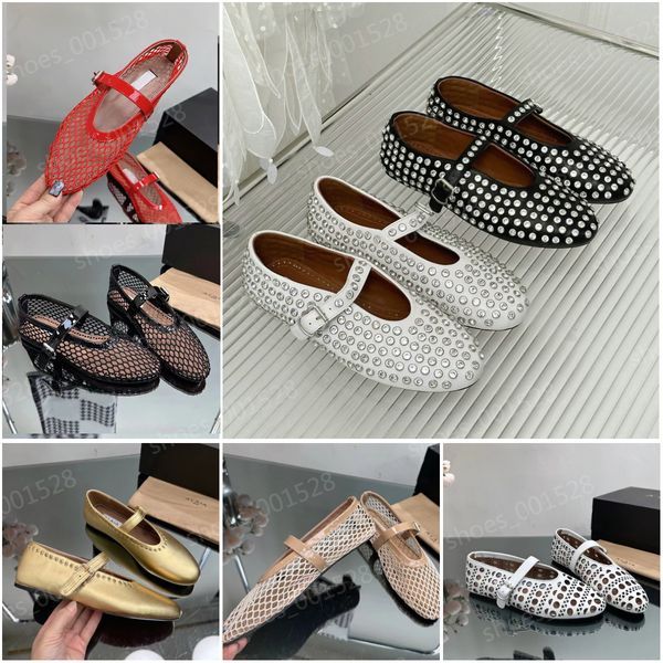 

ballerina flats designer alaia ballet flats designer shoe for women rhinestone mesh sandals shoes calf leather rivet buckle mary jane flats, Black