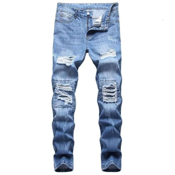 

designer men's jeans pants hole casual slim men fashion denim hombre letter star man embroidery patchwork pant for trend brand skinny55, Blue
