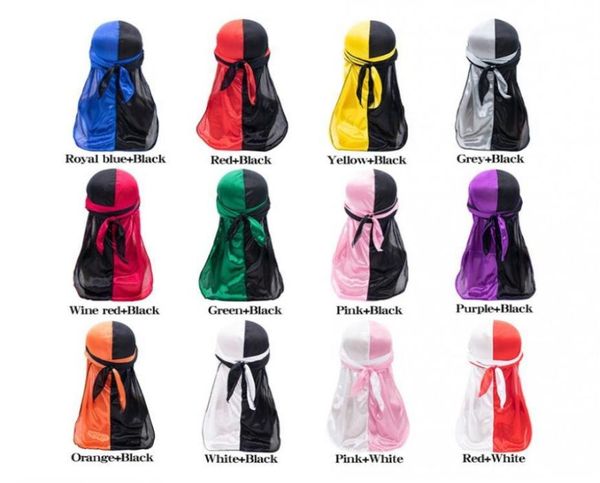 

fashion twotone satin pirate scarf hats durag bandanna turban silky long tailed women scarfs chemo caps headpiece headdres1164352, Blue;gray