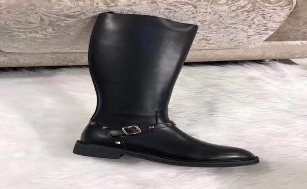 

cow leather women knee high boots 19ss ladies fashion rain boots autumn winter female dress wedding party shoes rivets ladies long6570460, Black