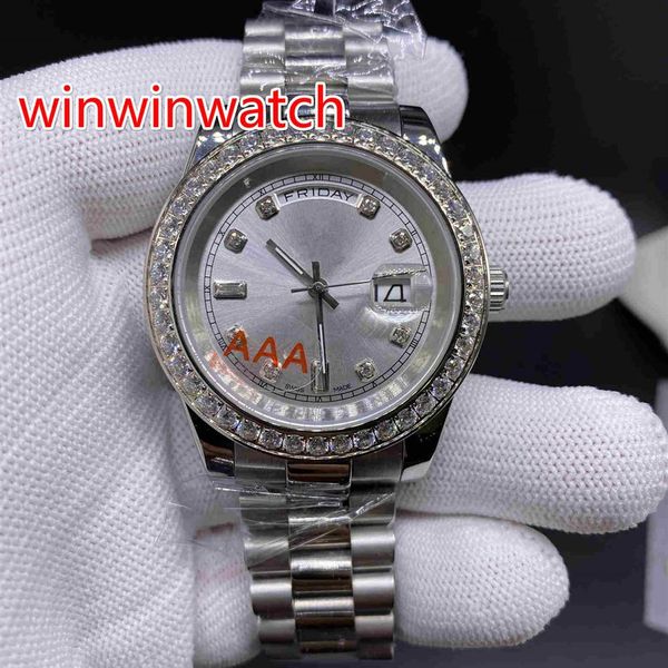 

fashion new watches day date automatic movement men's watch diamond bezel silver stainless steel mechanical 40mm mens wristwa3263, Slivery;brown