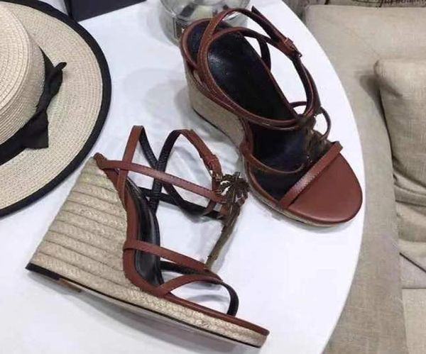 

women sandal designer sandals metal y slope heel women sandal genuine leather brown black leather shoes 3441 with box2897524