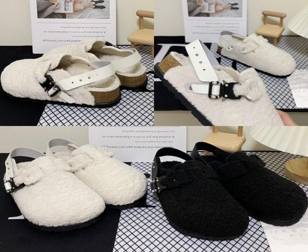 

shearling boston s lamb wool fur slipper women sandal cork flats ankle buckle strap slides sneaker men winter shoes sherpa paltform7870965, Black