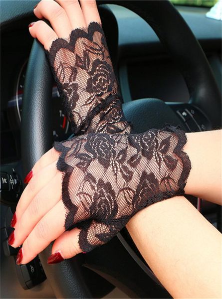 

women goth party sunscreen dressy lace gloves antiuv mittens fingerless style9836438, Blue;gray