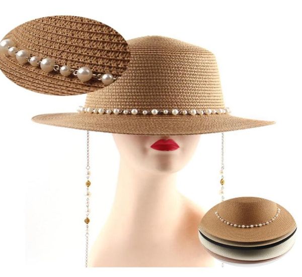 

stingy brim hats straw hat female british pearl fashion party flat chain strap and pin fedoras for woman a streetstyle shooti6013887, Blue;gray