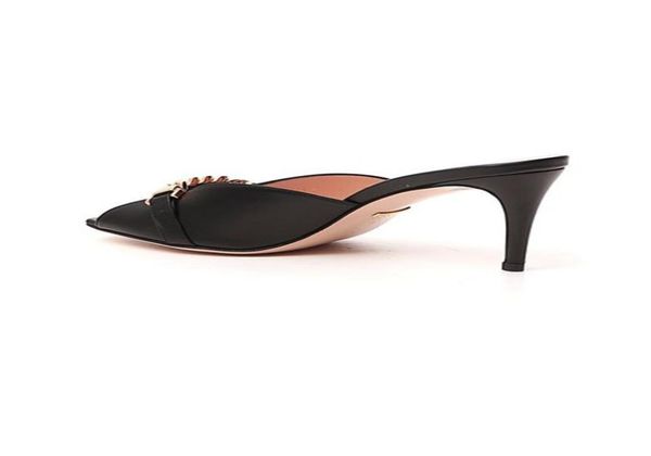 

womens fashion midheel sandals with goldtoned metal chain open toe square toe slipon chainembellished leather mules1648987, Black