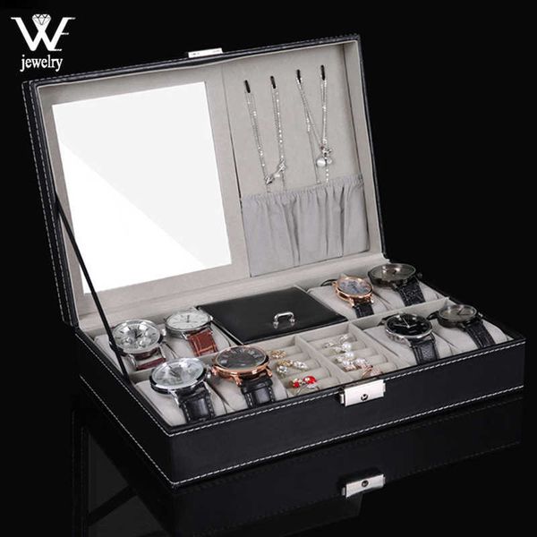 

new leather 8 grid slots with mirror watches storage box ring stud bracelet necklace big space jewelry organizer display case 230814, Black;white