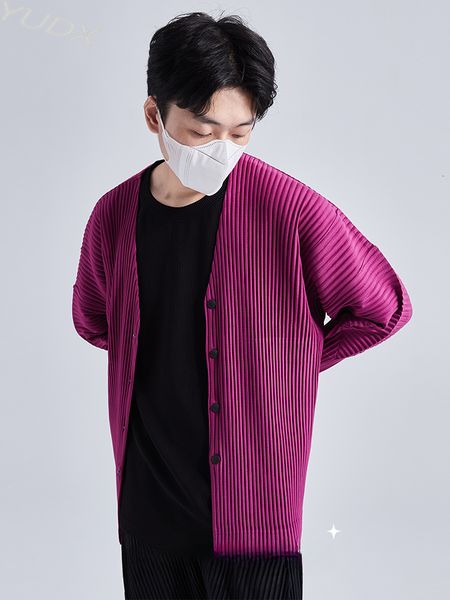 

men's jackets yudx miyake house pleated collarless single breasted long sleeve cardigan casual muscle feeling vneck jacket coat 230901, Black;brown