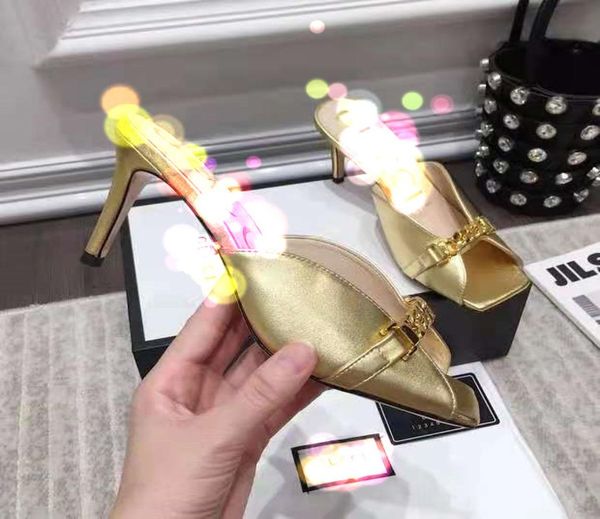 

slim highheeled slippers with shining hardware chain comfortable and beahigh heeled slippersdance shoes wedding shoesutiful feet6358437, Black