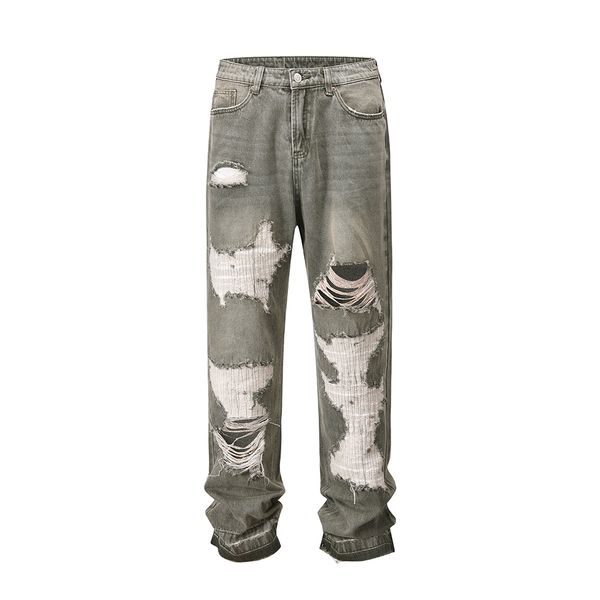 

high street frayed hole baggy jeans for men women ripped casual denim trousers oversized, Blue