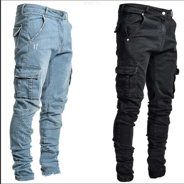 

jeans male pants casual cotton denim trousers multi pocket cargo men fashion style pencil side pockets, Blue