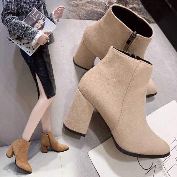 

boots autumn thick heel side zipper suede short korean version pointed fashion martin womens high 230830, Black