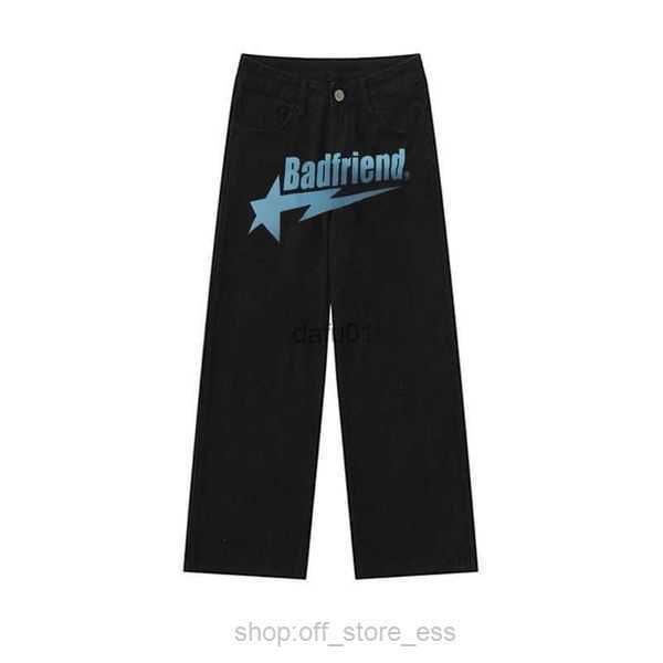 

badfriend jeans bad friend pants streetwear y2k straight printed jeans for mens oversized casual wide-leg retro hip hop trousers cargo pants, Black