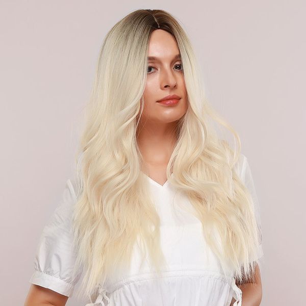 

ombre platinum blonde wig with dark roots long loose wave synthetic wig middle parting heat resistant hair wig, Black