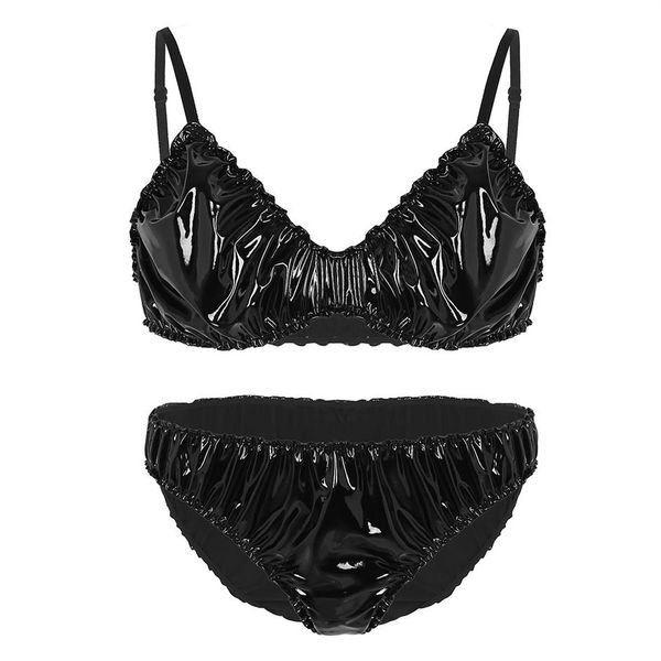 

2pcs men lingerie set bra with bikini briefs erotic mens soft leather mankini underwear sissy gay bralette panties3044, Black