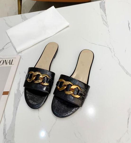 

2021 sandals women chain slides flats mules leather slipon slipper brown flip flops ladies outdoor slides beach shoes4570572, Black