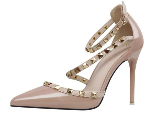 

designer pointed toe 2strap with studs high heels patent leather rivets sandals women studded strappy dress shoes valentine 34393437625, Black