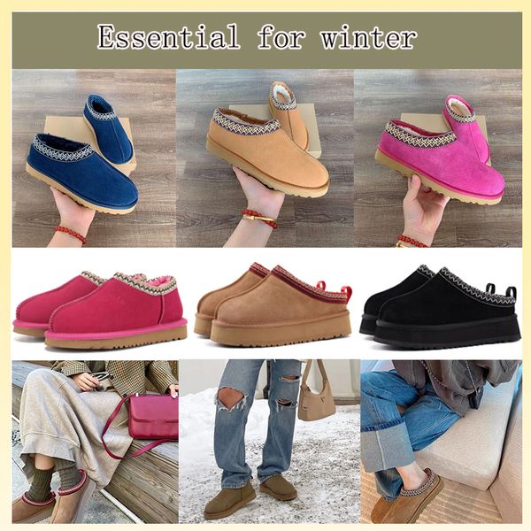 

tasman slippers chestnut fur slides sheepskin shearling tazz mules women men ultra mini platform boot slip-on shoes suede upper fall winter, Black