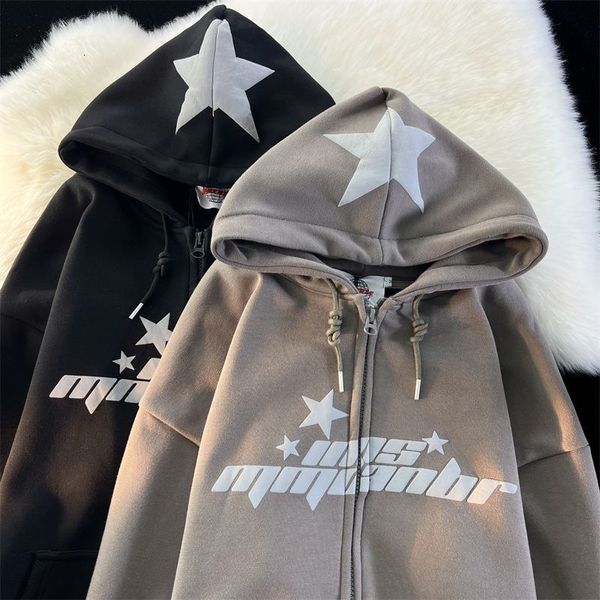 

men's hoodies sweatshirts star print hoodies women's y2k street hip-hop zipper sweatshirt couple loose cashmere hoodie cardigan ca, Black