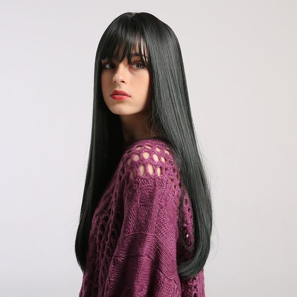 

straight black long natural wig with bangs for women heat resistant synthetic wig