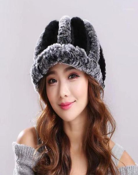 

berets women039s hat 100 natural knitted quality fur peaked caps real rex hats outdoor windproof cap warm bomber9224795, Blue;gray