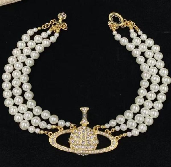 

luxury fashion pearl necklace premium retro three layer pearl shining saturn bead pendant a gold silver two color1244340