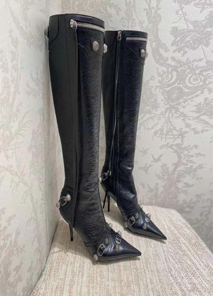 

cagole lambskin leather kneehigh boots stud buckle embellished side zip shoes pointed toe stiletto heel tall boot luxury designer9054079, Black