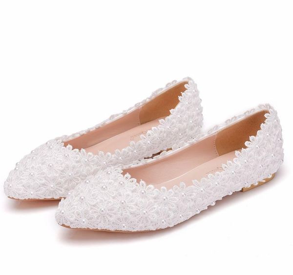 

white lace flower wedding shoes woman round toe slips lady dress flats big size 435402252, Black