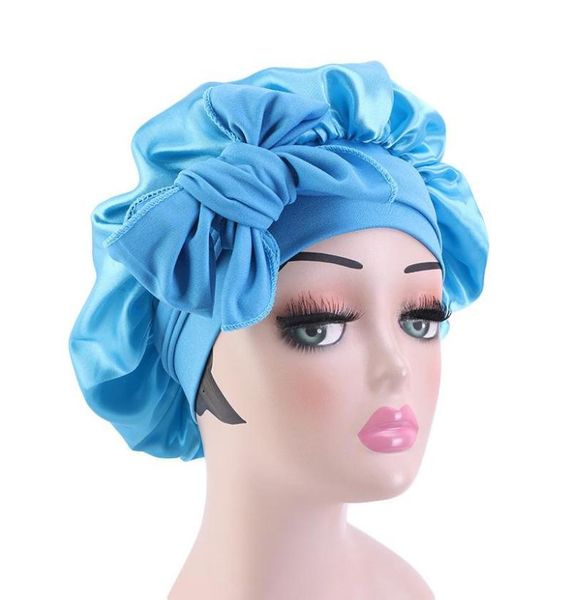 

stretch women satin bonnet solid with wide ties long hair care night sleep hat adjust hair styling cap silk head wrap shower cap8508493, Blue;gray