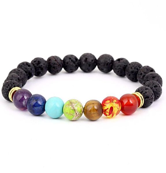 

lava rock beaded bracelets colorful chakra energy yoga beads natural stones 7 colors stone charm jewelry8828945, Golden;silver