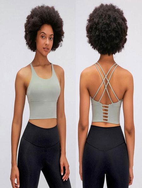 

l9095 solid color cross thin straps yoga tank classic sports bra women fitness vest sma sling training clothes with removable cups underwear