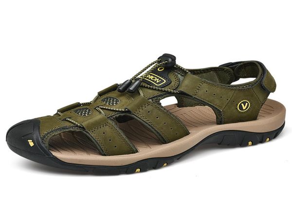 

men cow leather sandal outdoor hiking fisherman shoes anticollision close toe sandalen big size man sandals4355380, Black