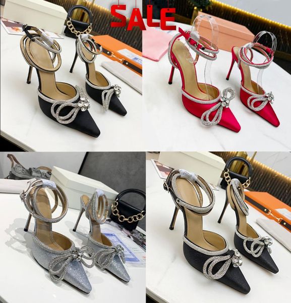 

with box designer wedding shoes luxury women sandals machs 100 silk satin double bow crystal pumps pink blue red wedding high 9146001, Black