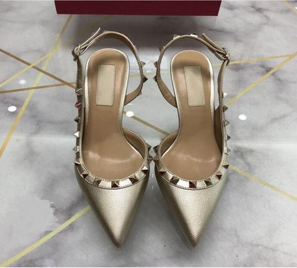 

new women high heels sandals wedding shoes patent leather rivets sandals women studded strappy dress shoes v high heel shoes logo 3645957, Black