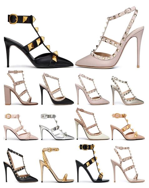 

designers high heel dress shoes ankle strap roman stud black nude white with rivets womens stiletto chunky heels 6 8  cm pointed2108783