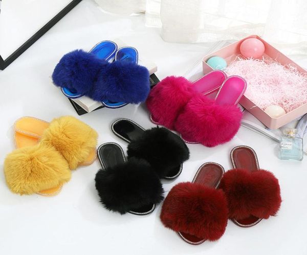 

women sandals flat shoes summer beach slippers candy colors plush fur outdoor handmade rhinestones5150011, Black