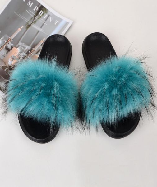 

summer women slippers imitation fox fur plush slippers imitation raccoon fur nonslip flip flops flat slides fashion slip5065575, Black