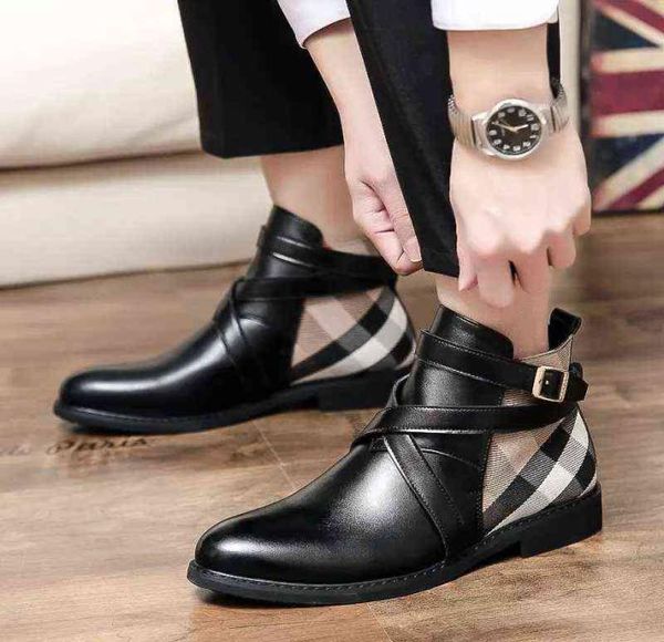 

2020 men039s pu leather buckle design plaid ankle high fashion casual quality low heel assorted male tv8662293319, Black