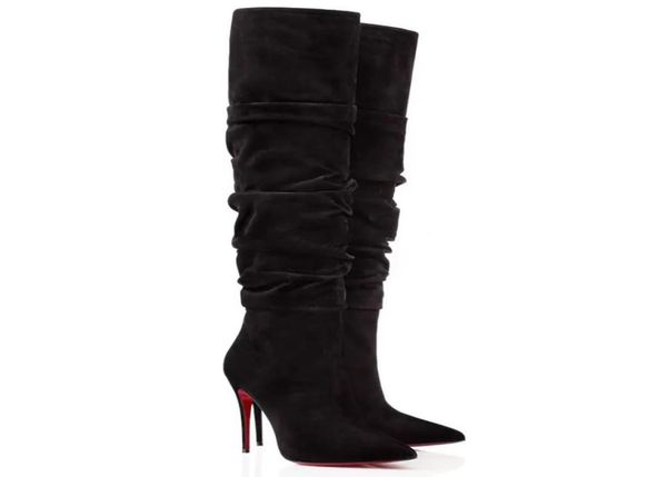 

winter women high heels s boots botta veau velours suede pleated leather pointed toe tall boot long leg kneeboots8152078, Black