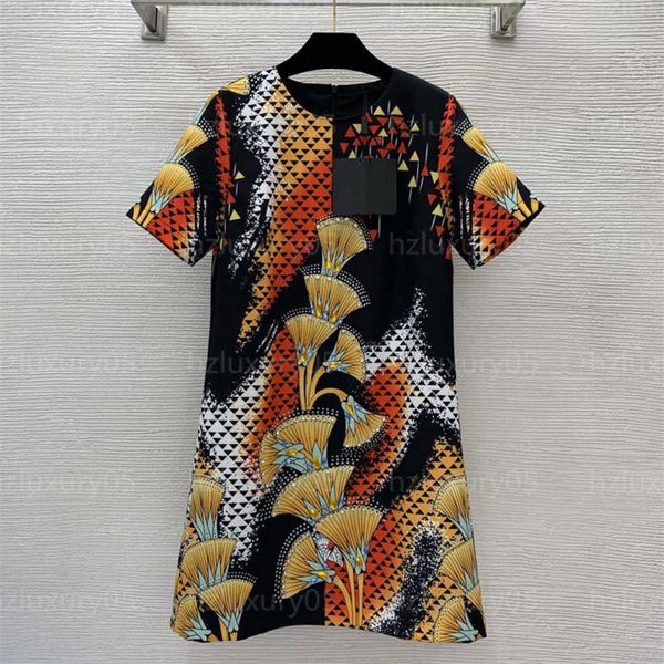 

summer dress for women designer dresses womens clothes luxury diamond fan-shaped contrasting print a-line round neck short sleeve dress wome, Black;gray