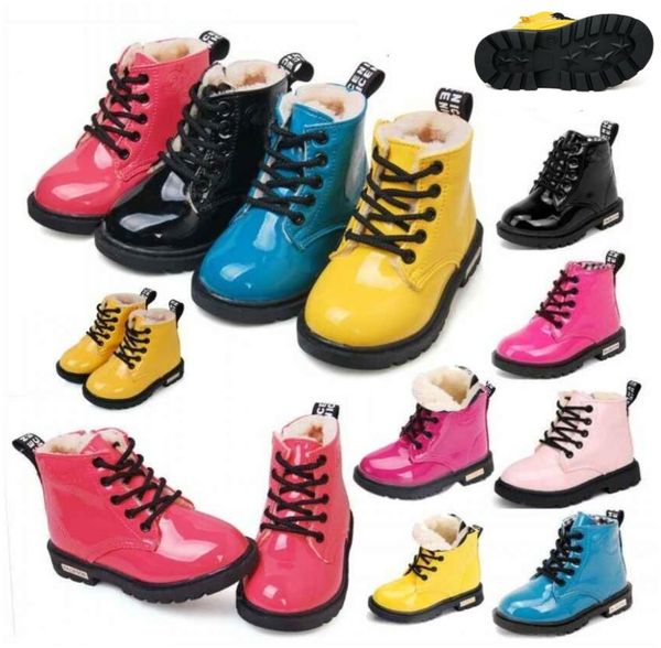 

kids boy girls martin ankle boot warm winter fur lined bovver laces toddler waterproof nonslip laceup synthetic leather snow sho3883778, Black